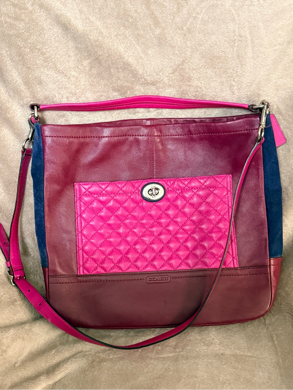 Coach Colorblock Leather Tote Bag in Burgundy, Pink and Blue Suede Leather